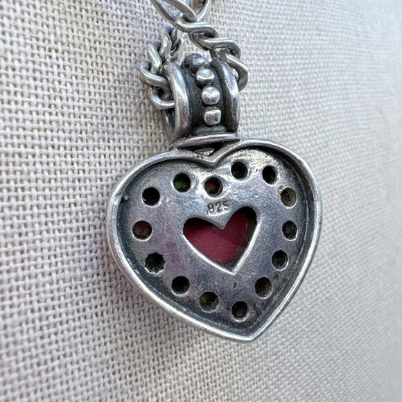 Sterling Silver 925 Multi Stone Heart Figaro Chain Pendant Necklace 19.5" Length - Picture 7 of 14